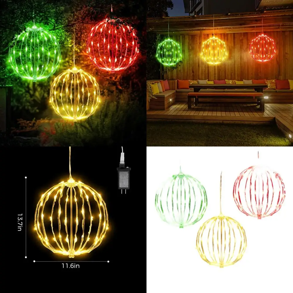 

Set of 3 Outdoor LED Tree Hanging Globe Lights, Foldable Metal Frame, Garden & Yard Decoration, Christmas Spheres in Red, Green