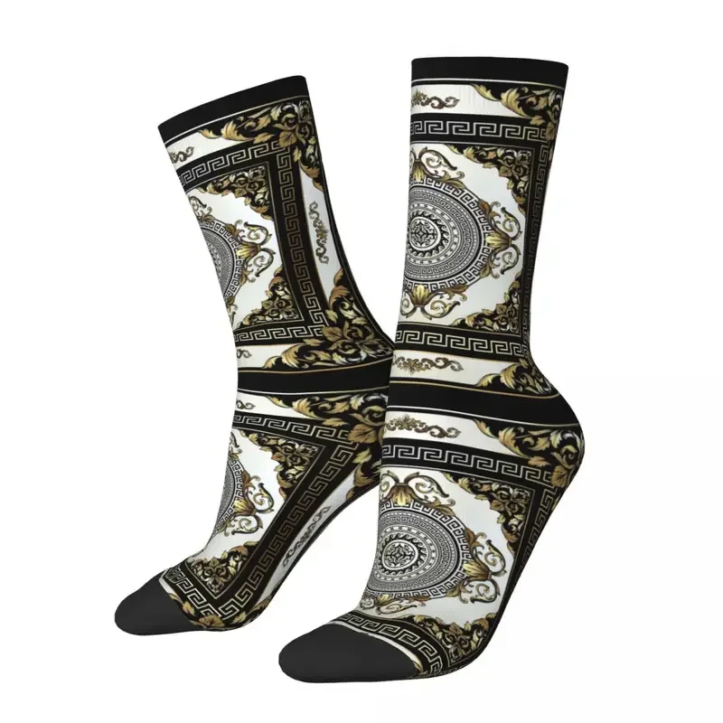 

Y2K Happy Men'S Casual Ornate Baroque Cream Gold Black Greek Key Sock Polyester Sport Women Socks Spring Summer Autumn Winter