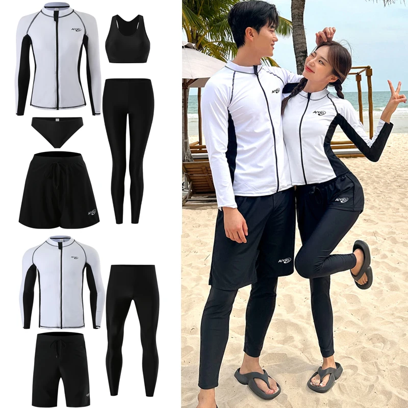 Men Women 3/5 Pcs Rash Guards Long Sleeve Swimsuit Shirt Front Zipper Shorts Pants Patchwork Couple Swimwear Surf Bathing Suit