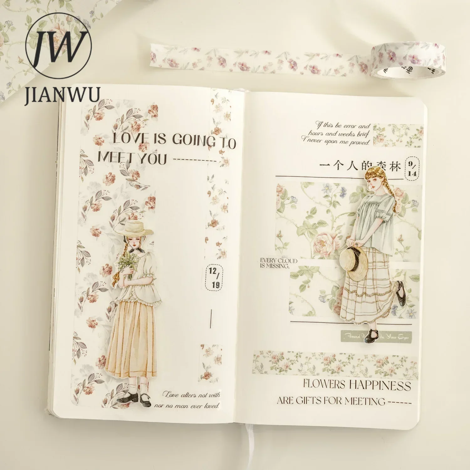 JIANWU Date Time with Flower Series Vintage Floral Landscaping Material Collage Washi Tape Set Creative DIY Journal Stationery