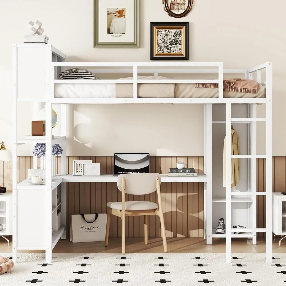 Cama alta de metal Bellamave com guarda-roupa e mesa em forma de L, cama alta de tamanho completo com cubos de armazenamento e prateleiras, cama alta resistente