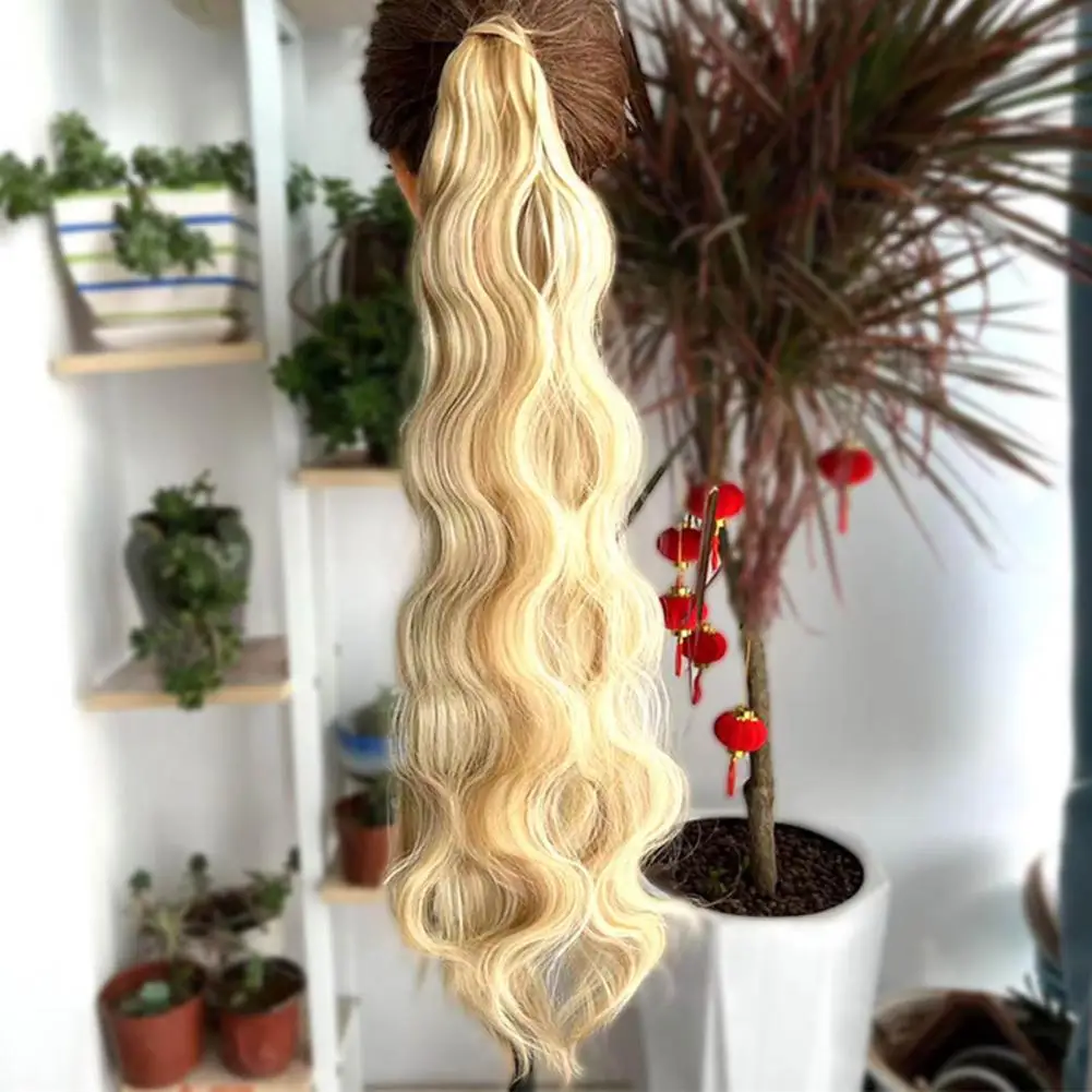 Sintético longo encaracolado rabo de cavalo envoltório em torno rabo de cavalo, grampo no cabelo extensões hairpiece, peruca falsa Cosplay, resistente ao calor