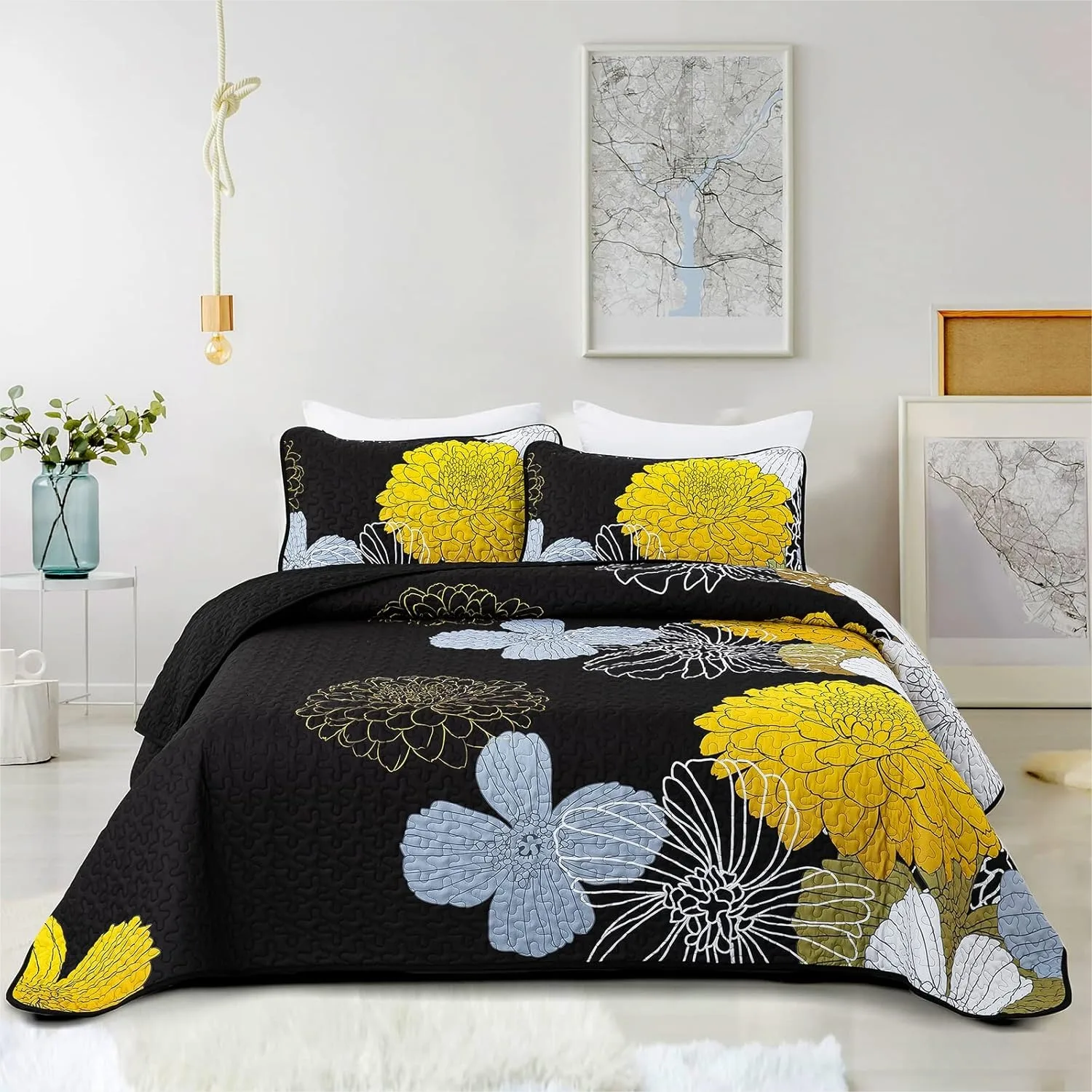 

Yellow Floral Quilts California King Size Coverlet Set 3 Pieces Lightweight Black Cal King Bedspread with 2 Pillowcases All