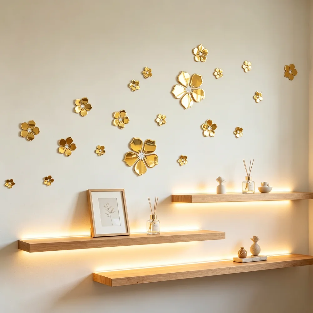 Gold 3D Mirror Acrylic Flower Wall Stickers, DIY Stereoscopic Crystal Petal Wall Decals, Removable Art Floral Wall Decor for Bedroom Living Room Home Decoration,18Pcs Mixed‑Size Flower Set