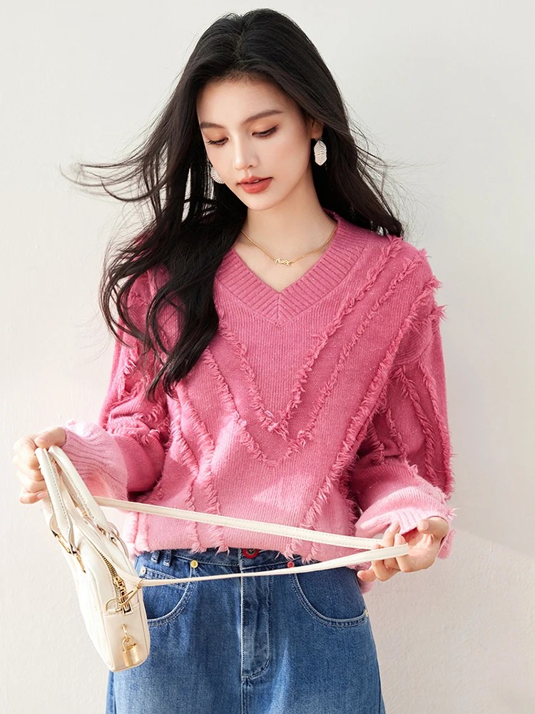 Fashion Tassel Gradient Color Pink Sweater Women Gentle Wind Sweet Oversized Sweaters Niche Design V-Neck Pullover Top