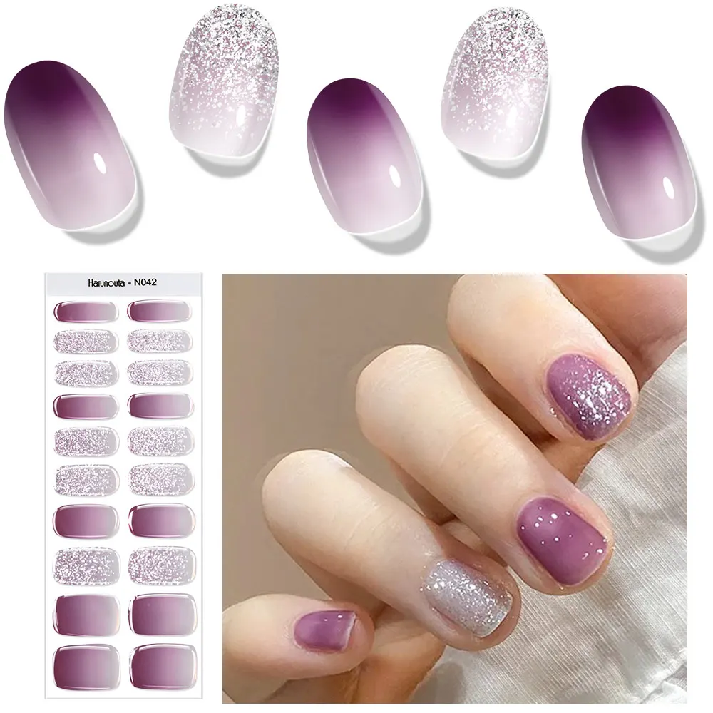 Harunouta Semi Cured Gel Nail Stickers Sparkly Shinning Gel UV Nail Sticker Long-Lasting Solid Nail Wrap Manicure Decoration DIY