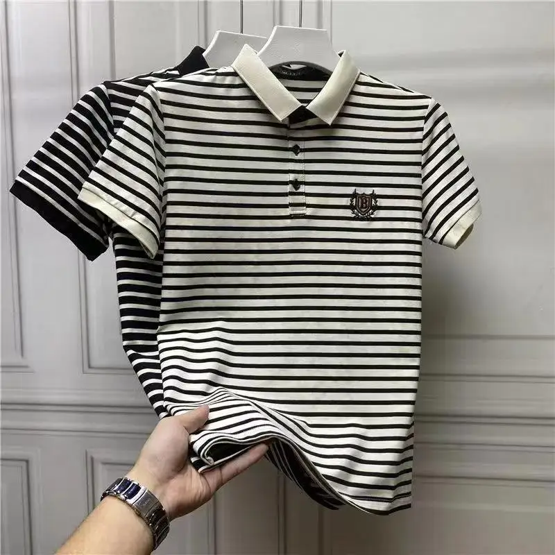 Summer New Oversized Men Embroidered Turn-down Collar Polo Shirts Men\'s Clothing All-match Striped T-Shirt Fashion Top Tee Male