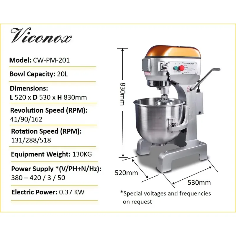 Electric planet mixer with three speed and emergency stop button for professional bakery use