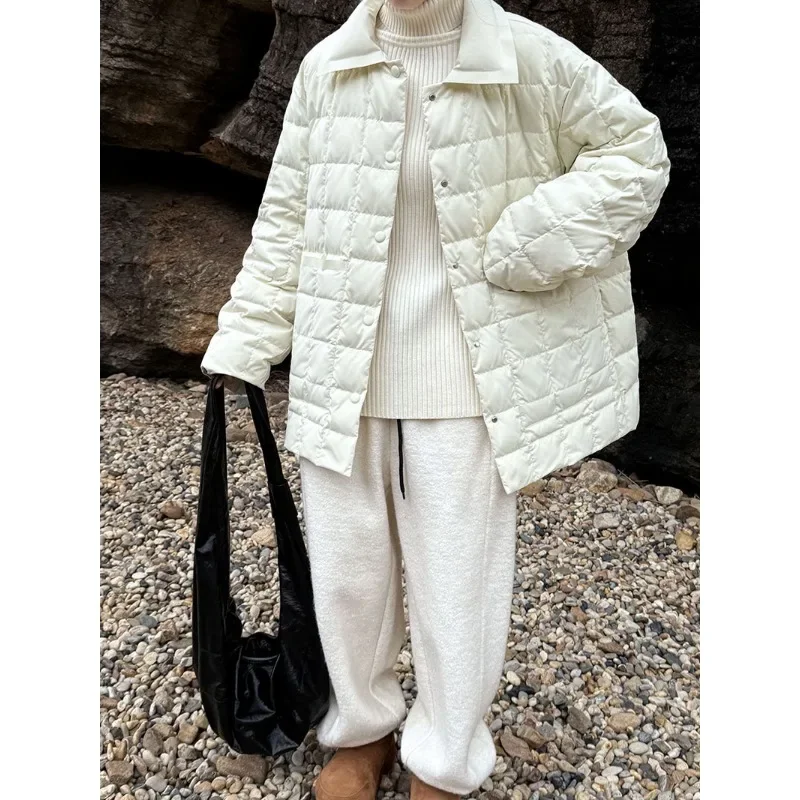 

Women's Apricot Keep Warm Lapels Loose Pockets Single Breasted Jacket Quilted Check Long Sleeve Women Clothing Fashion Commute