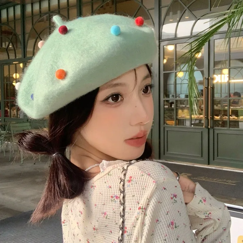 Sugar Bean Fur Ball cashmere Beret Hat Winter Women Beret Color Ball Warm Artist Painter Hat Beret Girl берет gorros navideño