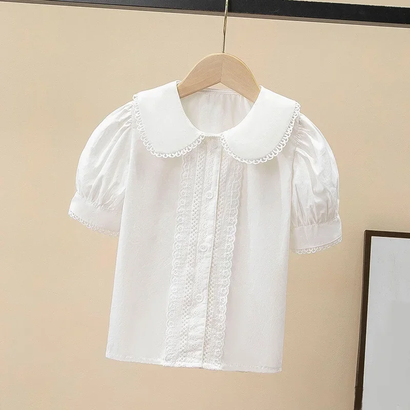 Summer Children Clothes Preppy Style School Girl Button Up Shirt Baby Teenage Girls Lace Blouse White Short Sleeve Kids Tops
