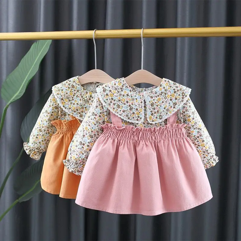 (0-3 Years Old) Fall New Girls Dress Birthday Party Team Dress Halter Fake Two Lapel Lace Lace Long Sleeve A-line Dress Floral