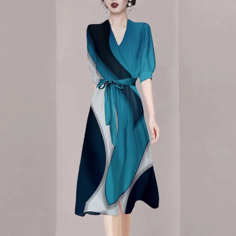 

Elegant Silk Print Dress Fashionable Summer Sleeveless Women's Dress Commute Style Korean Version V-Neck Regular Length