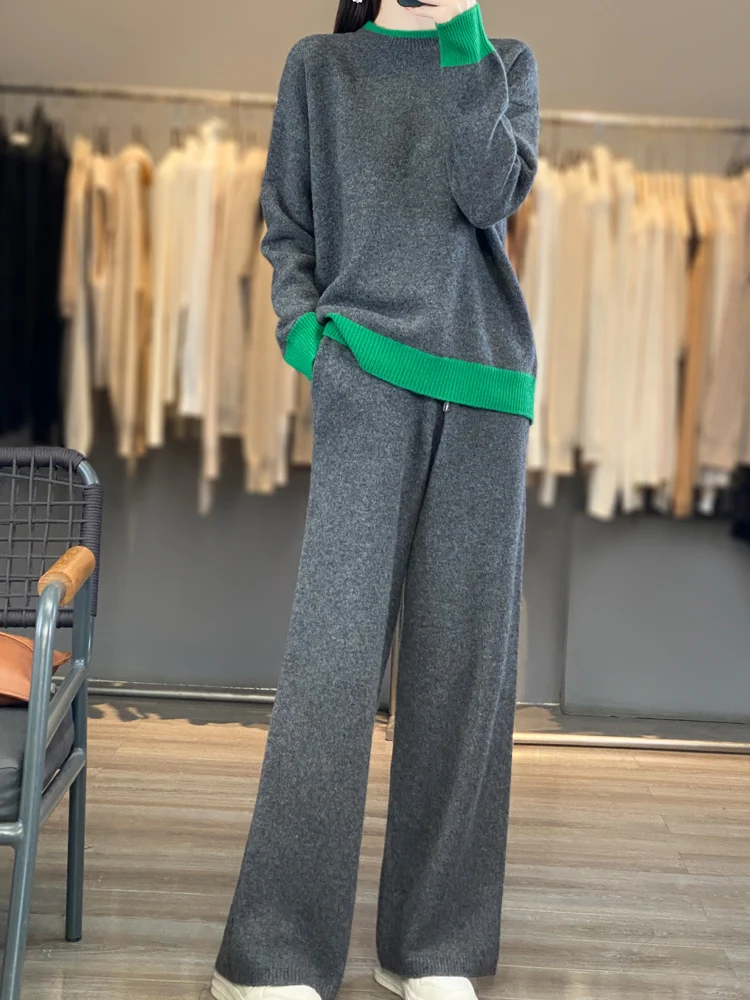 Two-piece Set Women 100% Merino Wool Pullover Splicing Color Knit O-neck Sweater Autumn Winter Clothing Wide Leg Pants Warm Soft