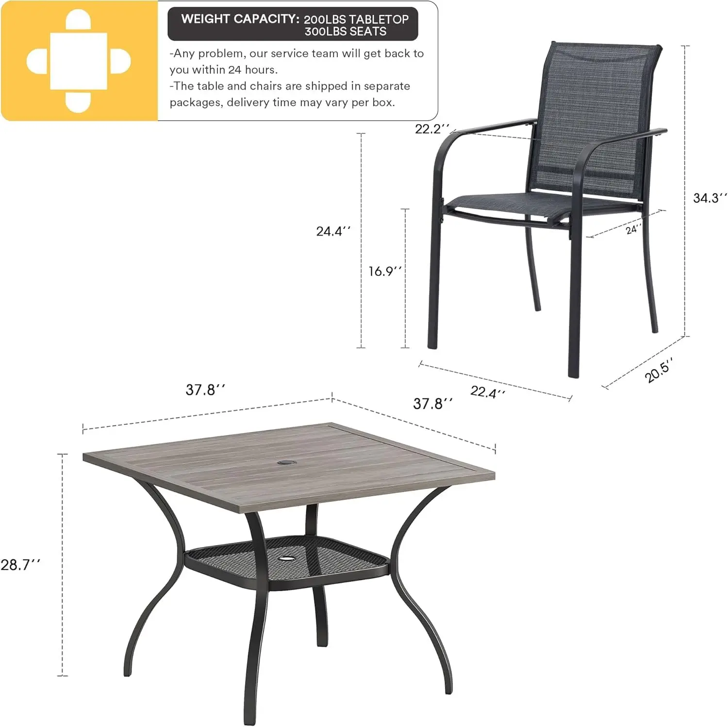 5-Piece Patio Dining Set with Square Table & 4 Stackable Sling Chairs, Grey Wood Grain Top, Outdoor Garden Furniture, Customized