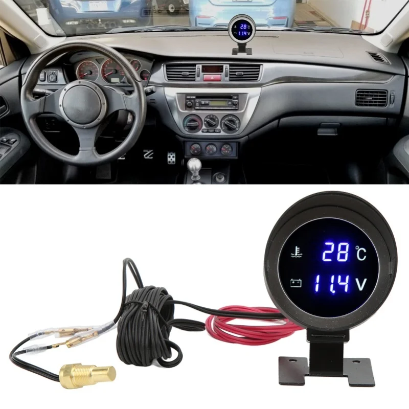 Round Digital Water Temperature Gauge LED Voltmeter DC 9V-36V With Blue Light For Car Motorcycle ATV