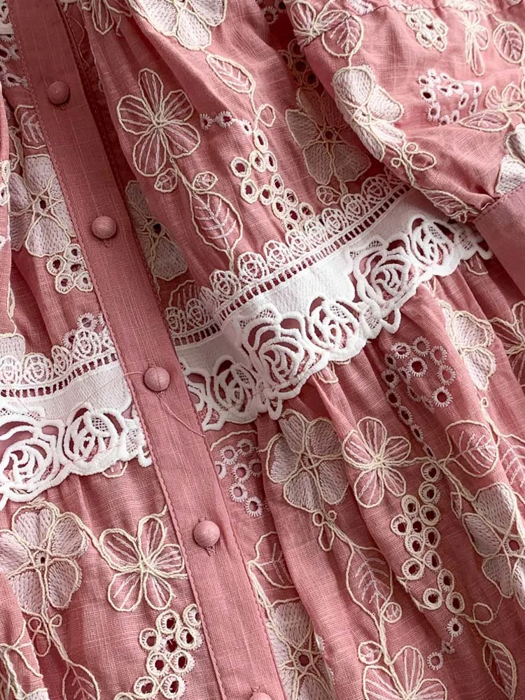 Luxury Vintage Floral embroidery shirt dress Women's 2025 New Elegant Long sleeve lace patchwork Midi dresses Beach INKEO 5D134