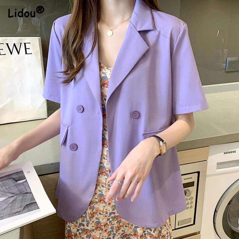 

Women's Clothing Summer Thin Solid Color Loose Office Lady Formal Blazers Notched Straight Comfortable Button Pockets Simplicity