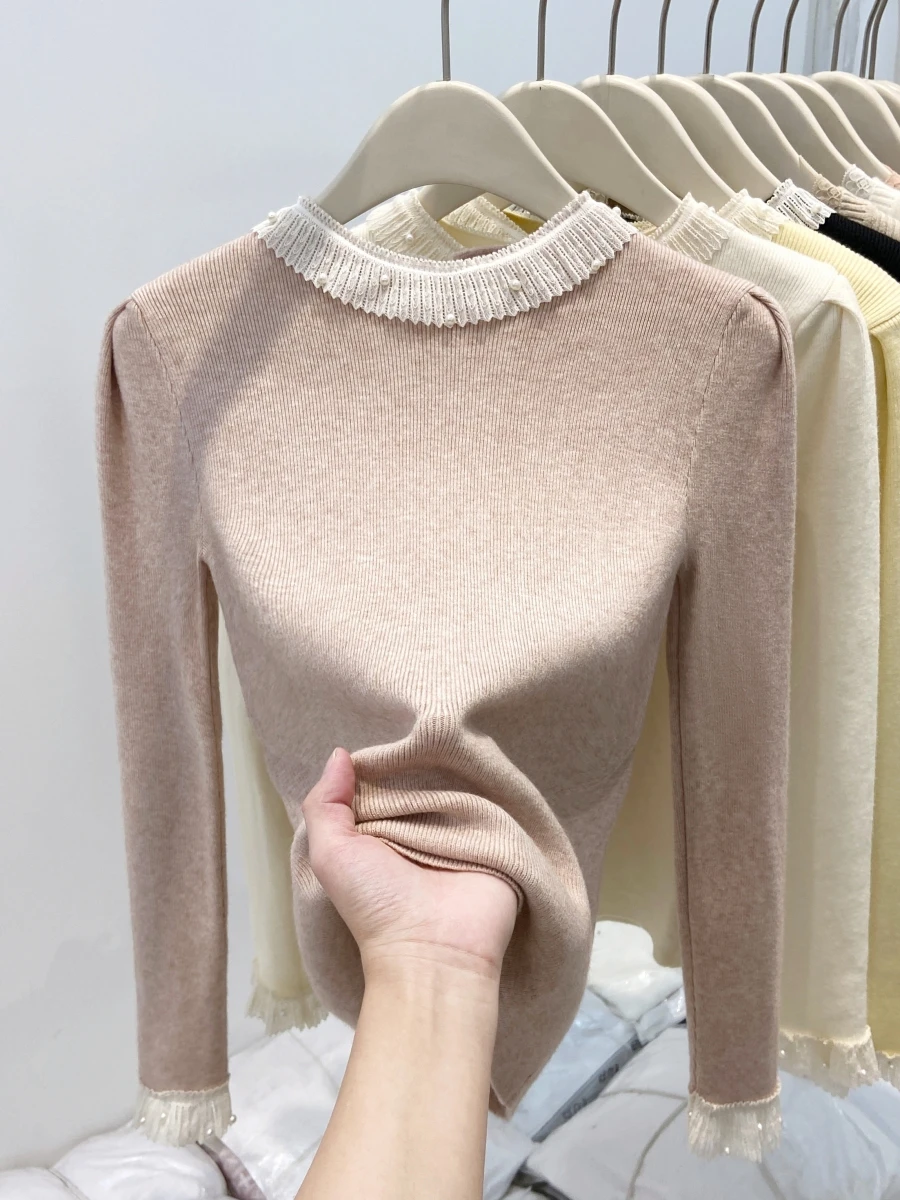 

Модный новый весенне-осенний кашемировый свитер с круглым вырезом и рюшами, женский пуловер с длинными рукавами, однотонная основа M596