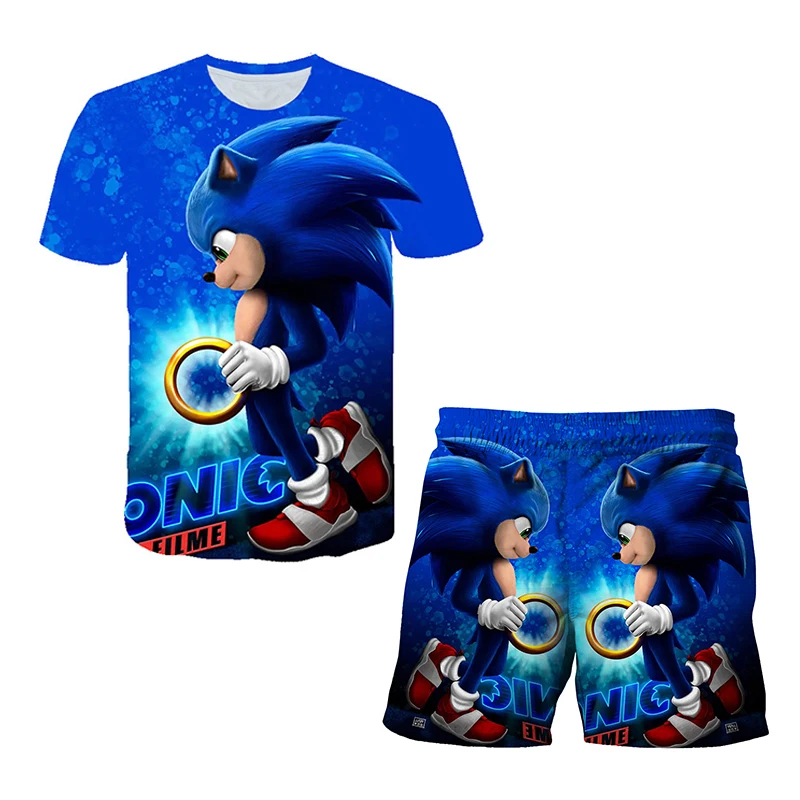 Nuovo cartone animato giapponese Sonic T-shirt top per bambini T-shirt pantaloncini set in due pezzi estate ragazzo cartone animato carino T-shirt + pantaloni da spiaggia