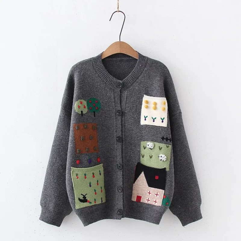 Korean version cardigan sweater women 2023 summer casual contrast color patchwork pocket loose o neck cardigan sweater for women