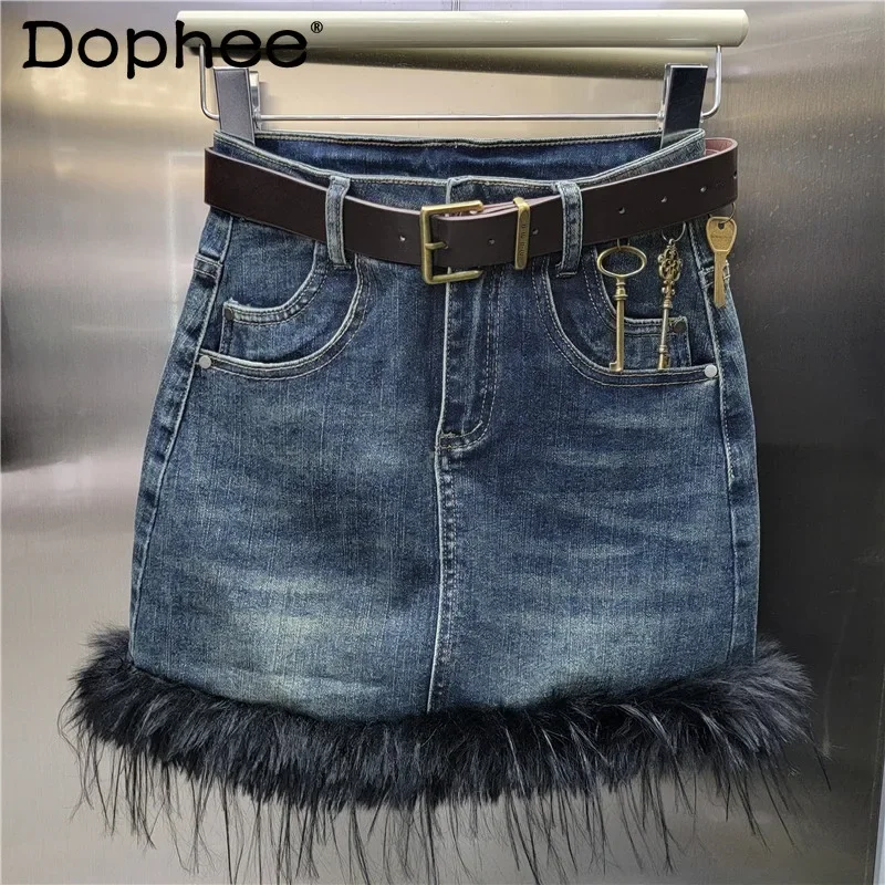 Sexy Girl Elastic Denim Package Hip Skirt 2024 Autumn and Winter New Furry Skirt Hem Washed Denim Blue Skirt for Women