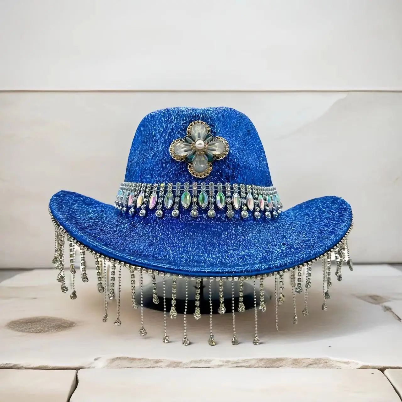 

HongLuan Blue Vintage Costume Hat Adult, Disco Cowboy Hats Rhinestone for Woman, Cowboy Cosplay Female Accessories & Cowgirl Cap
