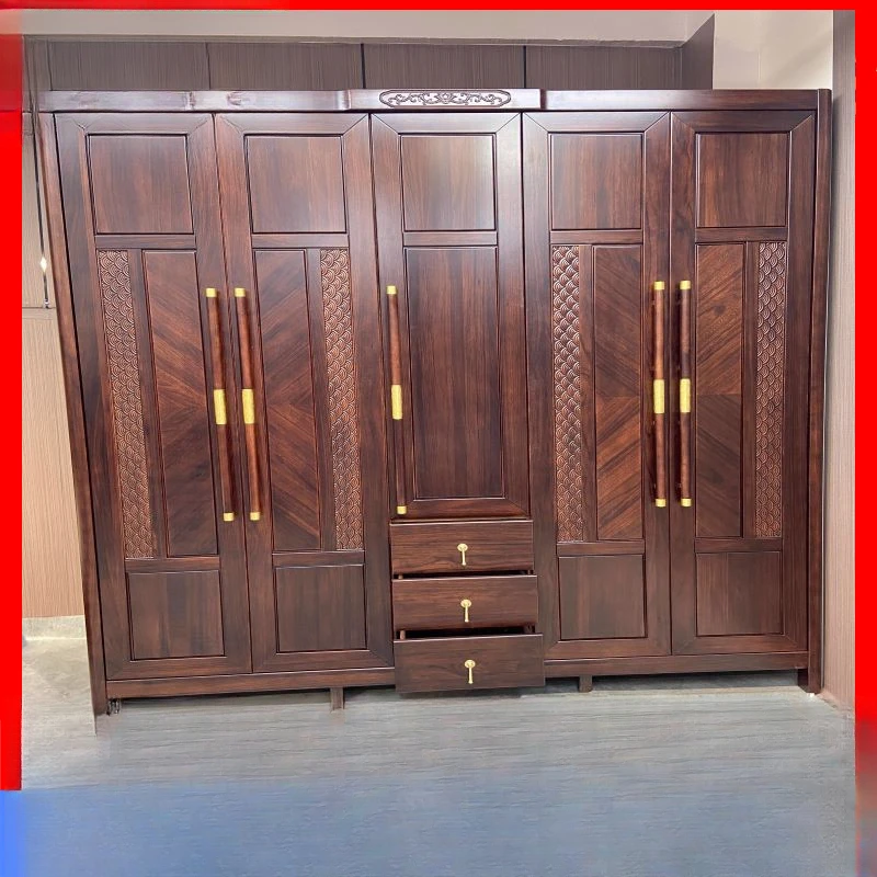 

Шкаф из цельного дерева из черного дерева, большой шкаф для спальни, шкафчик большой вместимости, собранный четырех- или пятидверный шкаф