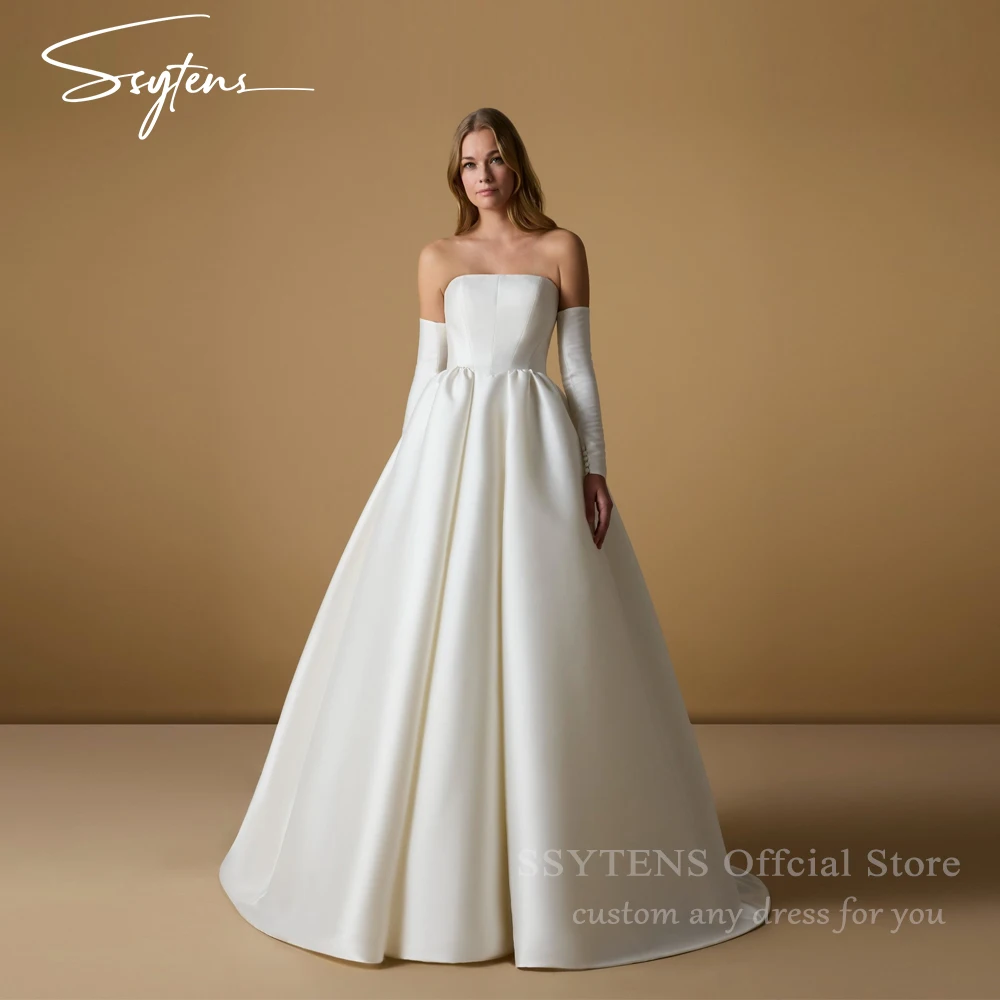 SSYTENS Weiße, anmutige Brautkleider mit hoher Taille, trägerlos, bodenlang, maßgeschneidertes Brautkleid, abnehmbare lange Ärmel, Brautkleider