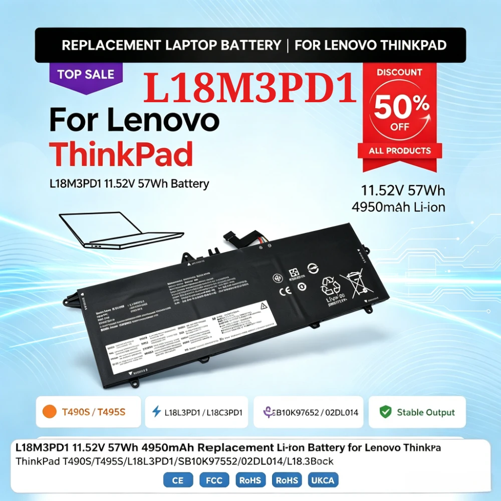L18M3PD1 11.52V 57Wh 4950mAh Replacement Li-ion Battery for Lenovo ThinkPad T490S/T495S/L18L3PD1/SB10K97652/02DL014/L18C3PD1