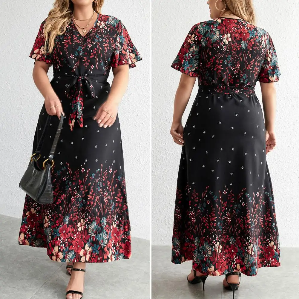 Vestido maxi floral estampado em linha A para mulheres, decote em v, cinto com cordões, plus size, comprimento do tornozelo, festa e baile, plus size