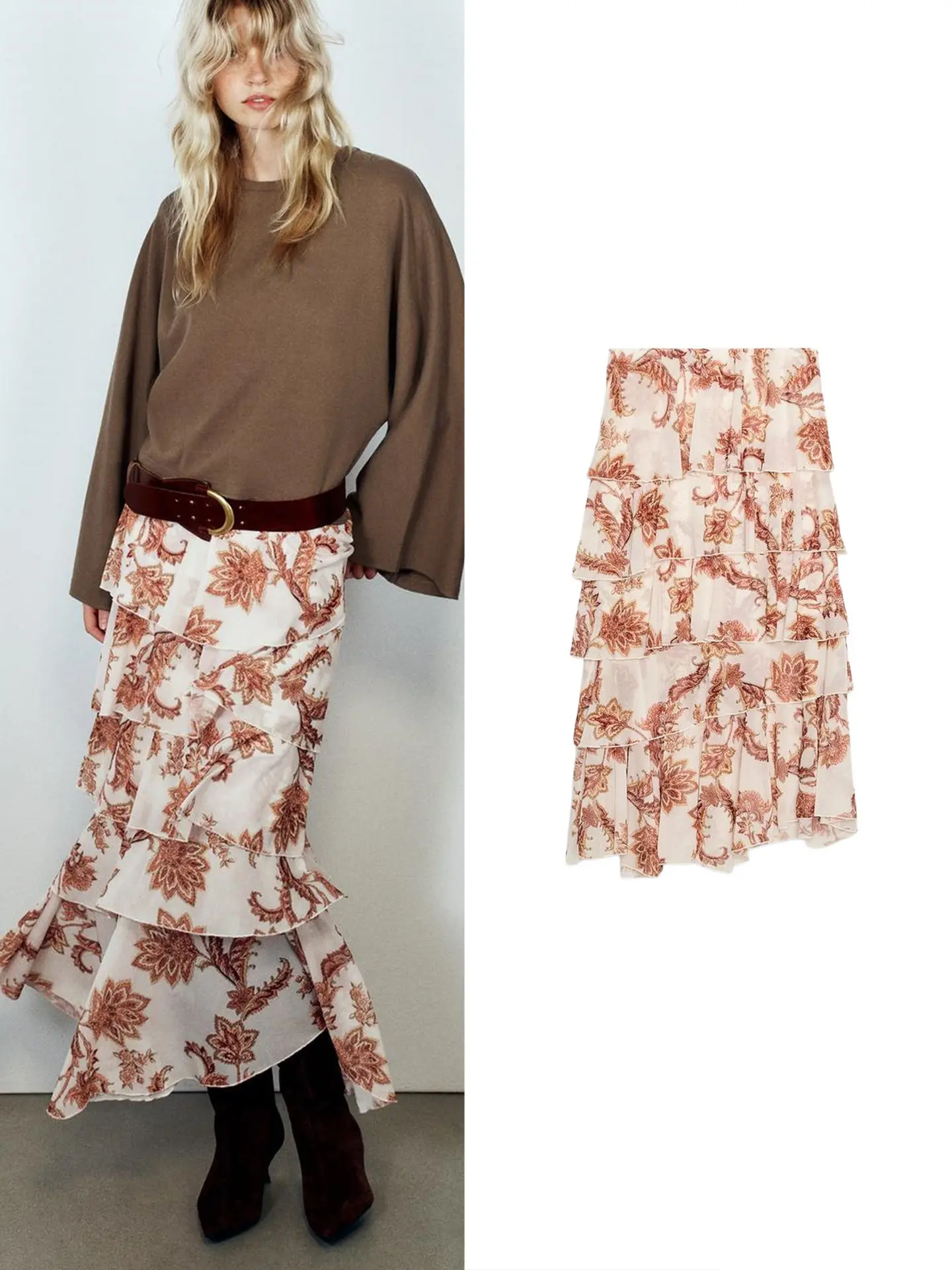 New Autumn Asymmetric Layered Hem Print  Skirt Commuter Style mid Waist Polyester Fiber Cake Skirt Women's Fashion