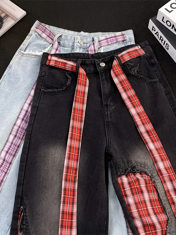 

Trendy Plaid Belt Spliced Jeans Loose Fit Straight Leg Jeans Casual Long Pants for Men Autumn Season American Style Ripped Jeans