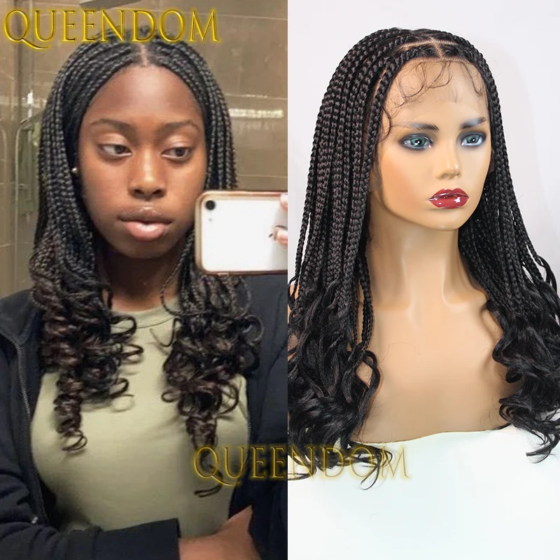 Perruque tressée synthétique Cornrow Tresse, pleine dentelle, boîte au crochet, tressée, tresses à boucles françaises faites à la main, extrémités bouclées ondulées, 18 po