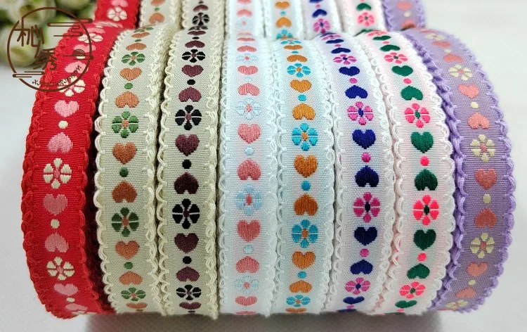 10Yards 1.4cm Flower Heart Design Cotton Wedded Lace Fabric Ribbons Fringe Jacquard Embroidered Webbings DIY Crafts Sewing Trim