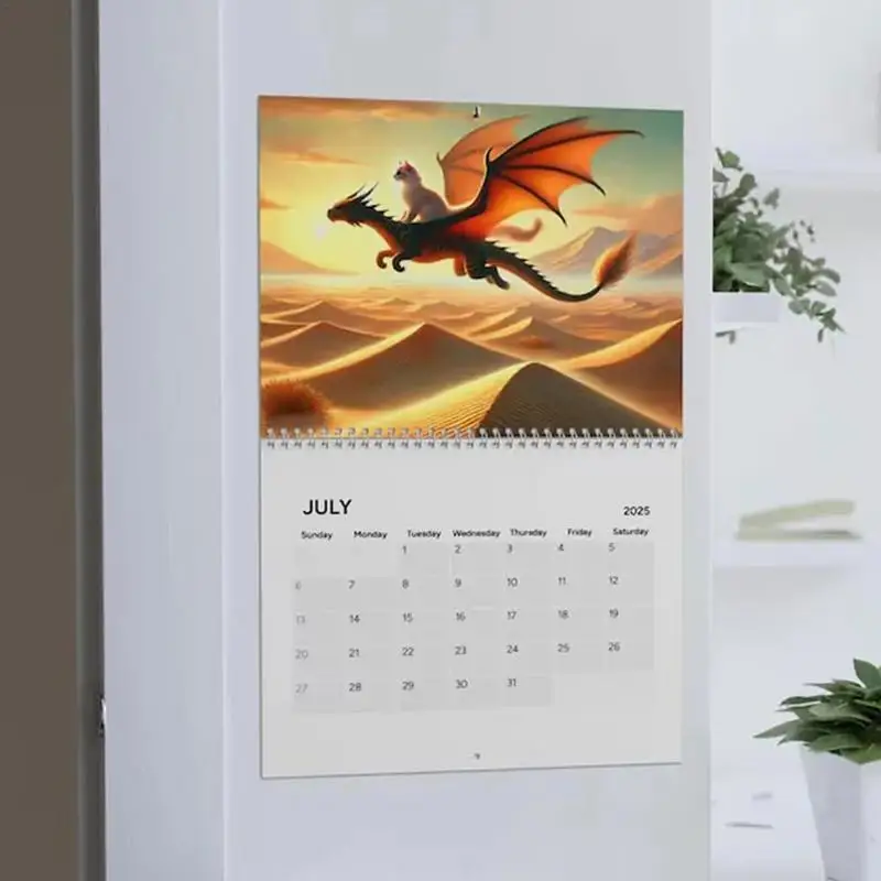 2025 Cat Riding Dragon Calendar 12 months ​Wall Mounted Cat Flying Dragon Calendar Pendant 2025 New Year Family Calendar