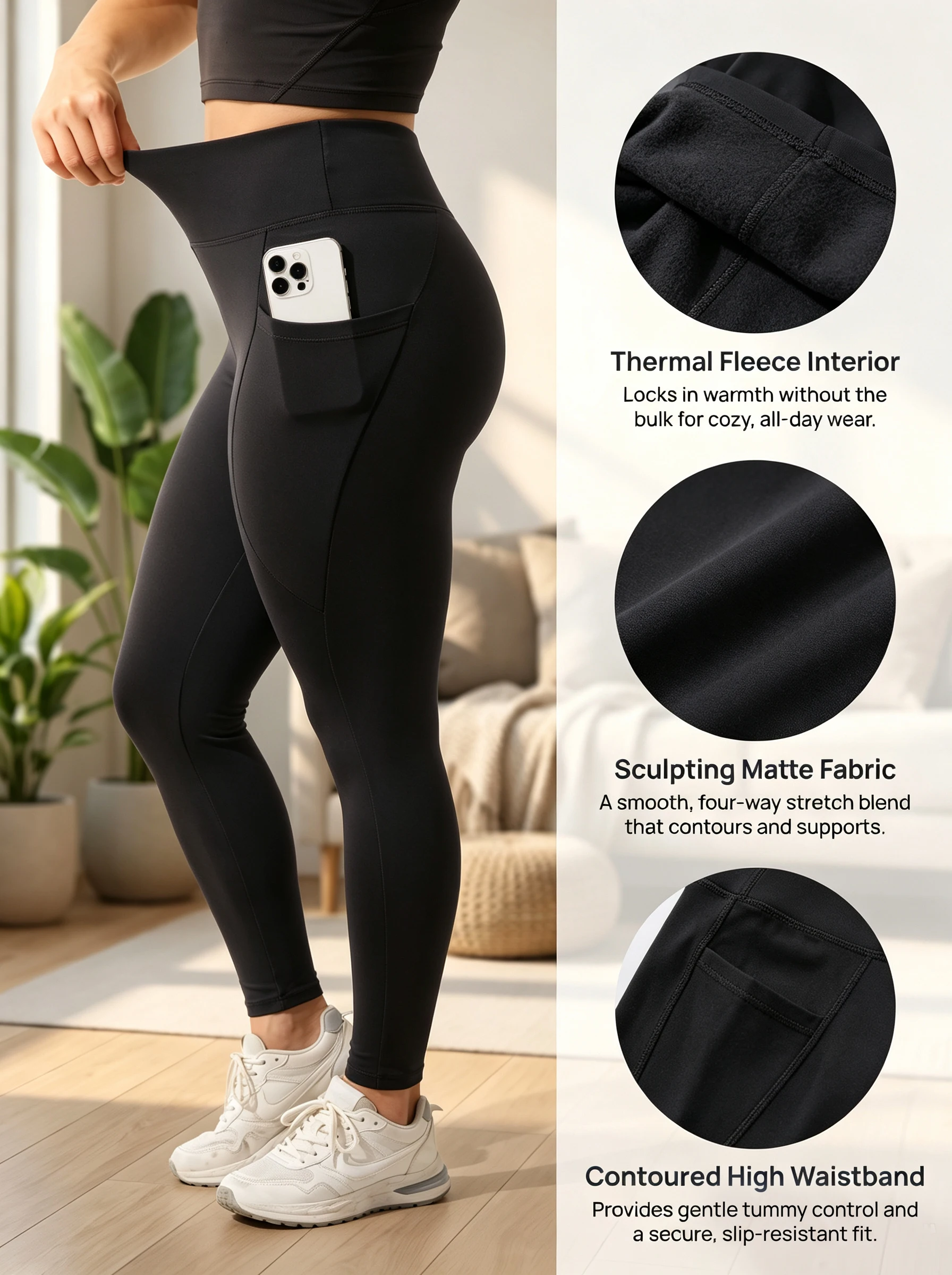 Plus-Size-Leggings mit Fleecefutter und Taschen für Damen, hochtaillierte, warme Thermo-Winterhose für Yoga, Workout und Laufen. – Detail 5