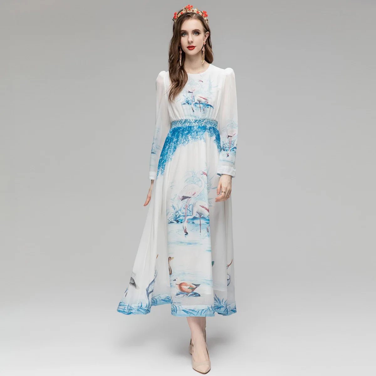 Spring Fashion Designer Pink Vintage Floral Print Dress Women O Neck Long Sleeve Bow High Waist Slim A-LINE Long Dress