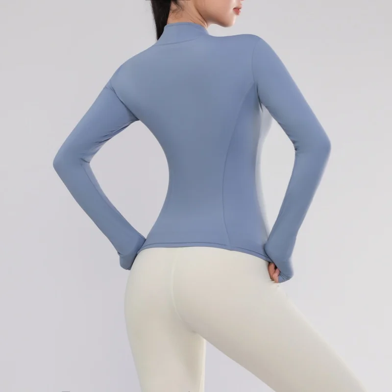 Damen-Trainingsjacke, dehnbar, eng anliegend, mit Reißverschluss vorne, langen Ärmeln, für Laufen, Yoga, schlankmachend, Stehkragen, schnelltrocknend, Sportbekleidung – Detail 5