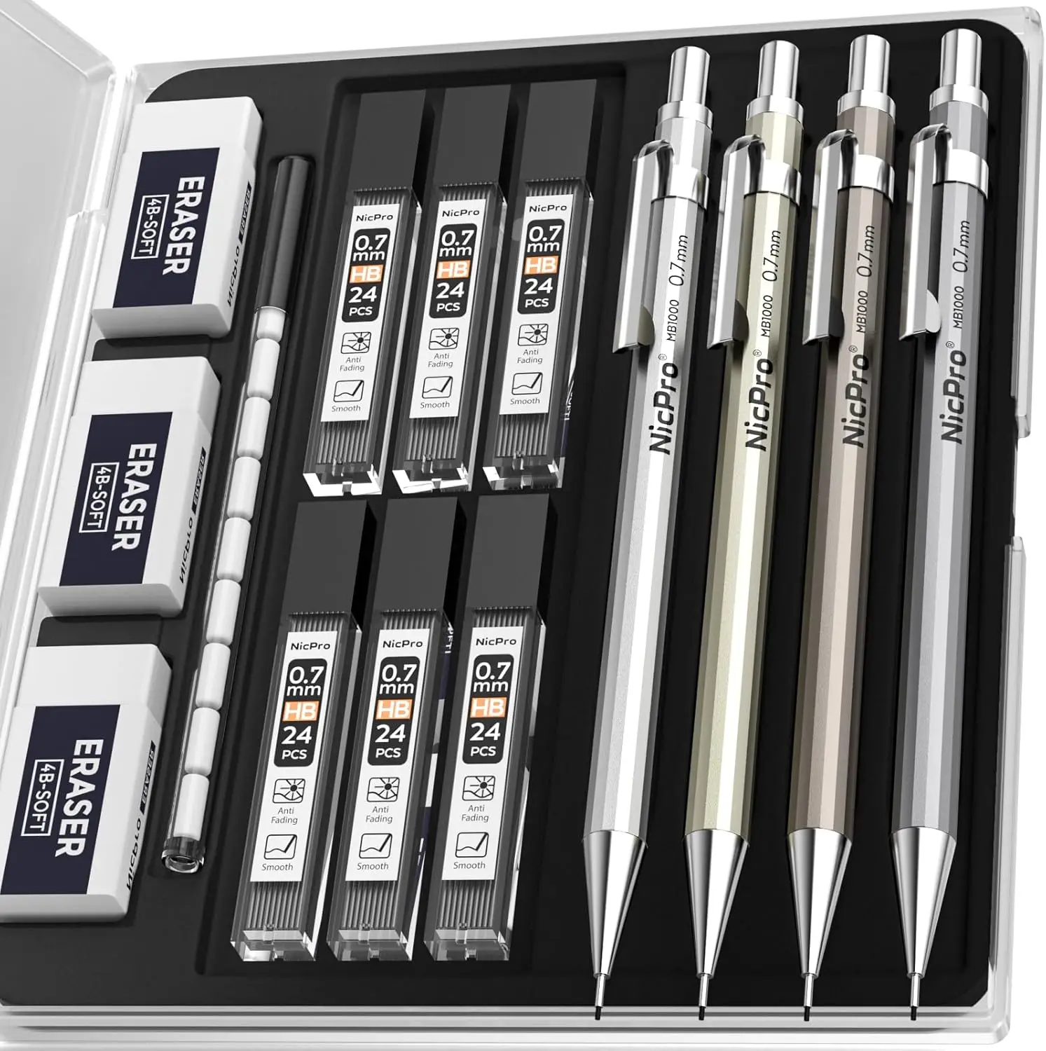 

4-Pack Metal Mechanical Pencil Set with 0.7mm Lead, Erasers & Case for Drafting, Writing & Drawing