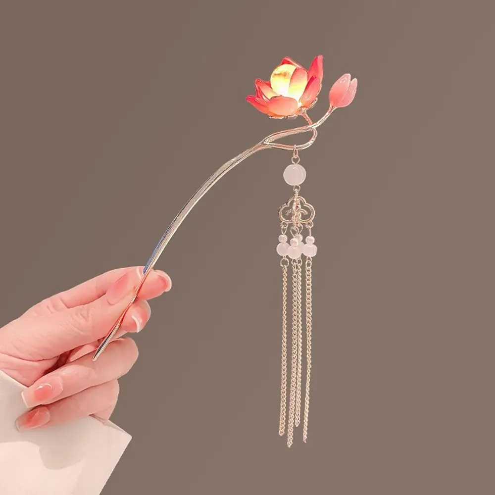

Alloy Lantern Hairpin Glowing Flower Lotus Tassel Hair Stick Chinese Style Hair Sticks for Buns LED Light Hair Fork