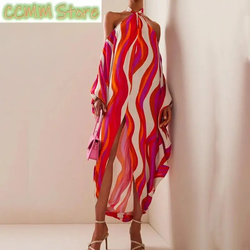 Summer Tie-up Backless Halter Beach Party Dress Fashion Long Sleeve Slits Dress Sexy Women Wave Striped Print Boho Chiffon Dress