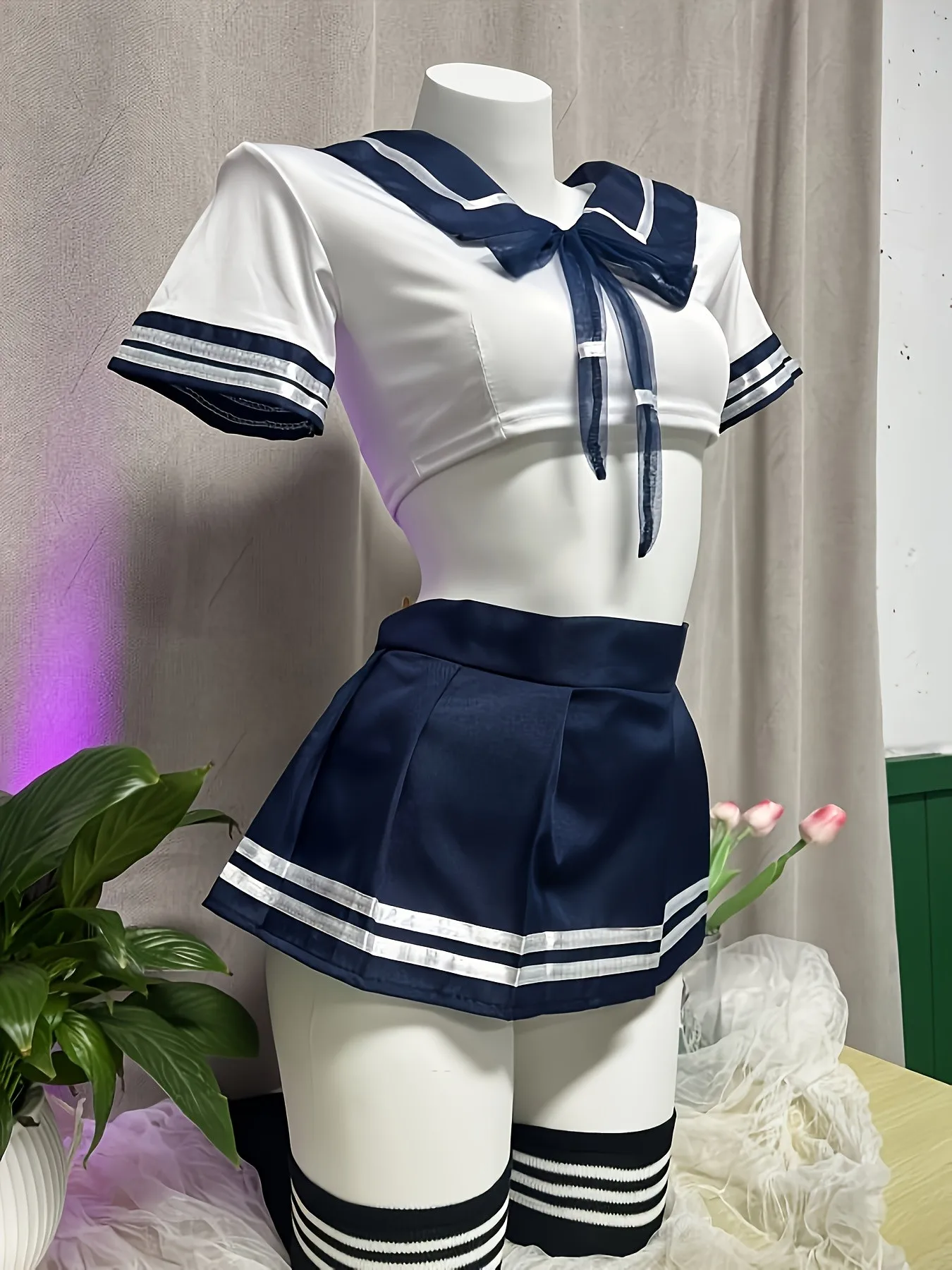 Conjunto de lencería Sexy de marinero para mujer, ropa de dormir de Cosplay de colegiala japonesa, minifalda plisada, Top corto, pijama, 3 uds.