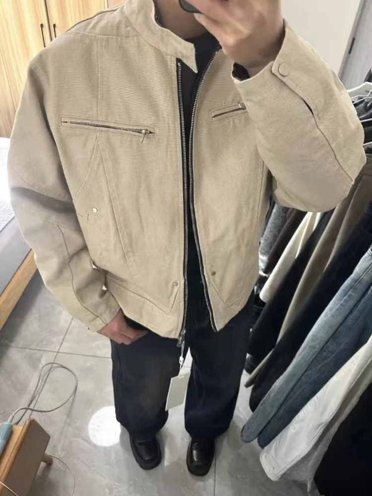 

Heavyweight Washed Canvas Men's Jackets, Casual Stand-up Collar Jackets For Man, Autumn Cropped Coat