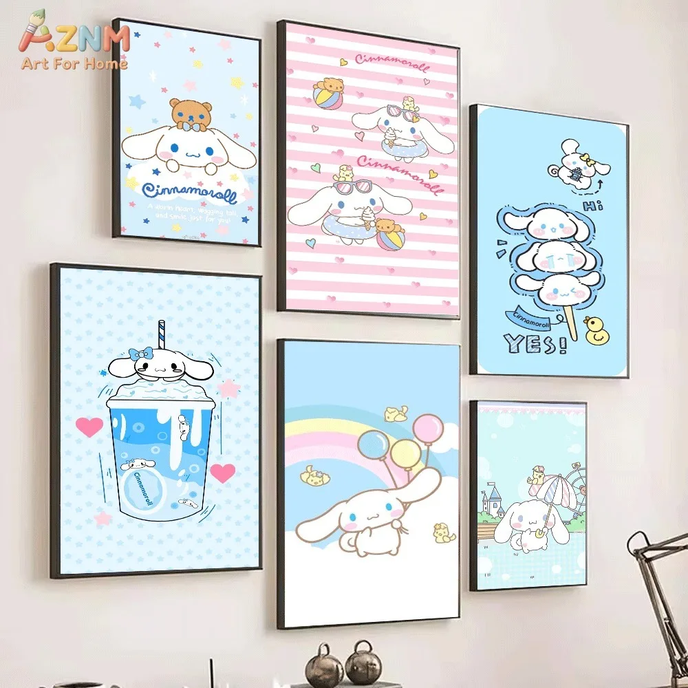 AZNM Light Blue Kawaii Long Ear Puppy Canvas Wall Art Unframed Poster Soft Cute Cartoon Print Kids Bedroom Decor