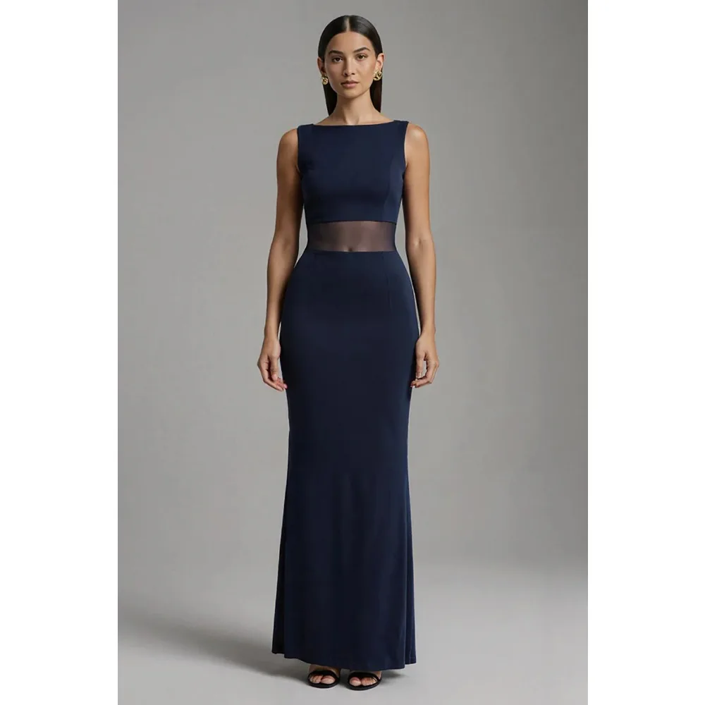 

Индивидуальные вечерние платья для мам невесты с вырезами, темно-синие, женские, длинные, с вырезом-лодочкой, фасон «русалка», для выпускного вечера, 2026