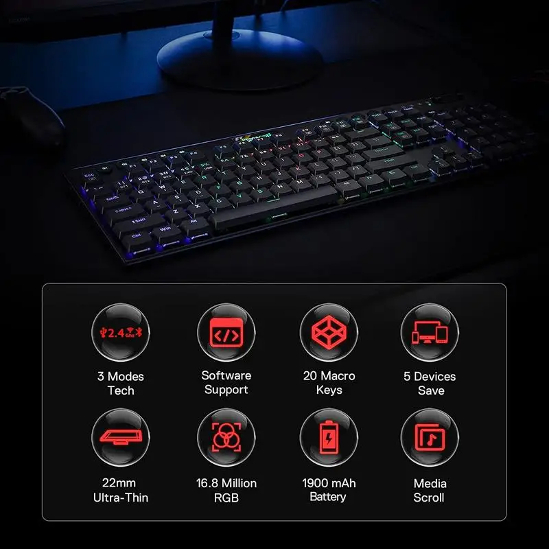 Imagem -05 - Redragon-horus Rgb Teclado Mecânico sem Fio Low Profile Gaming Teclados Bluetooth 2.4ghz com Fio Marrom Interruptor Azul K618 Horus