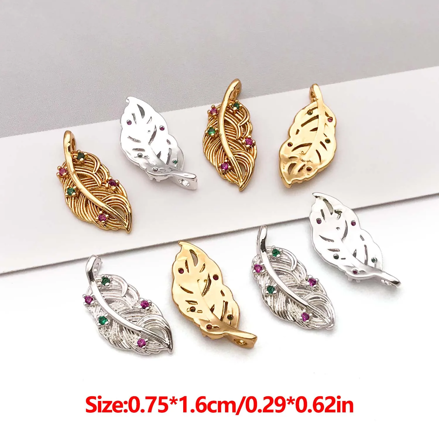 1pc 18K Real Gold Plated Brass Feather Charms Inlay Zircon Pendants for DIY Bracelet Necklace Earring Jewelry Making Accessories