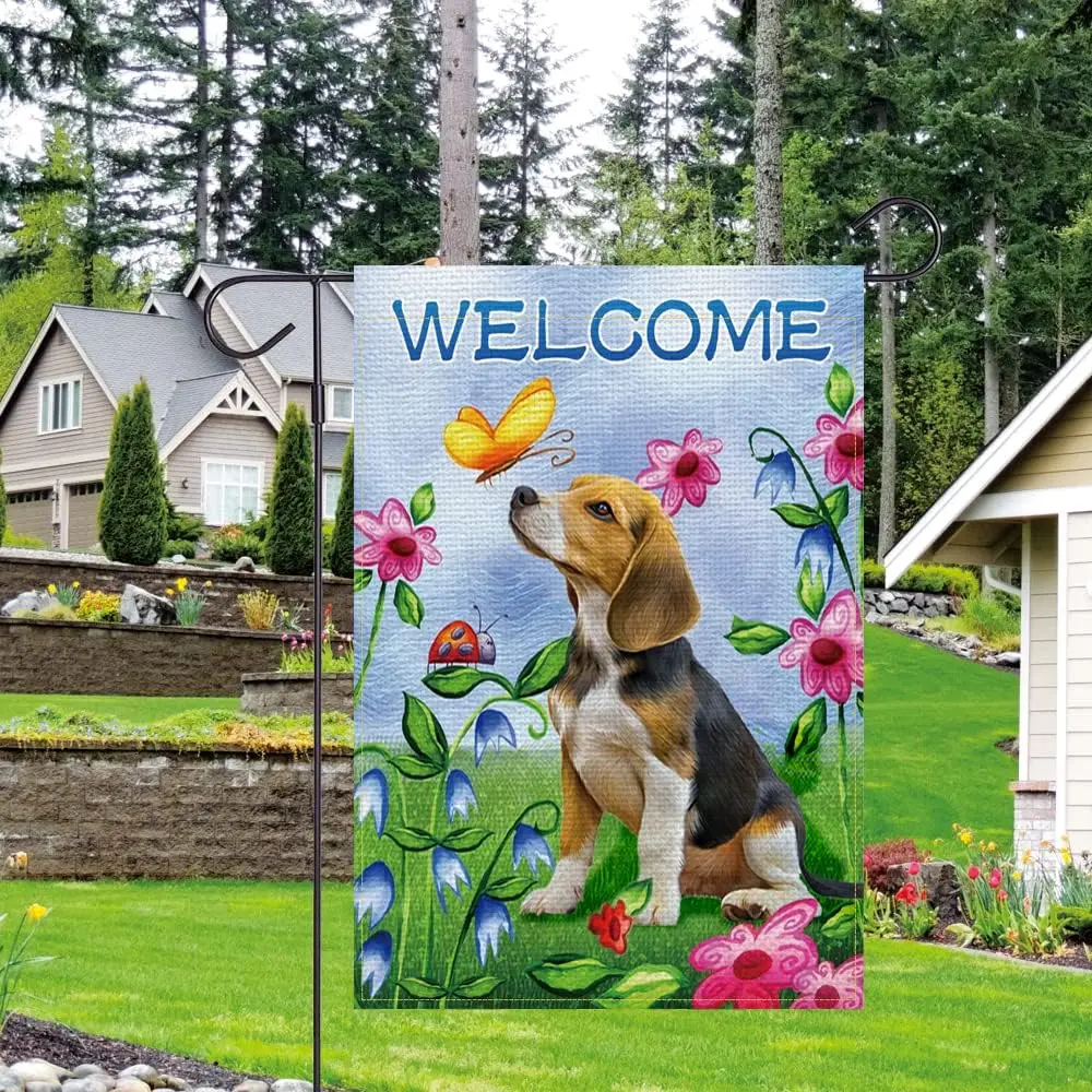 Balgardekor Welcome Dog Garden Flag Vertical Double Sided Burlap Flower Summer Yard Outdoor Decor Home Decor (12.5 x 18, Wel SSL