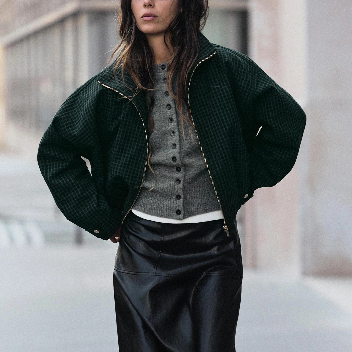 Women's Autumn 2026 Plaid Pilot Jacket Long Sleeve Stand Collar Outerwear Standard Fit Zadata Brand Other Style Regular Length
